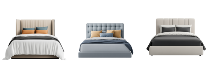 A sleek, modern bed with clean lines and minimalist bedding in neutral tones, creating a serene vibe, isolated on a transparent background