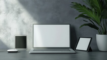 Fototapeta premium laptop with white blank screen mockup on desk next to plant and devices
