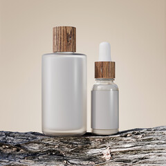 Skincare Bottles with Wooden Caps on Branch