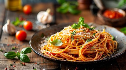 Classic spaghetti with tomato sauce and basil