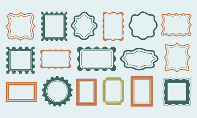  vector graphic illustration of a set of different rectangle frames with wavy edges. There are various shapes, sizes, and colors of the frames. Each frame is empty