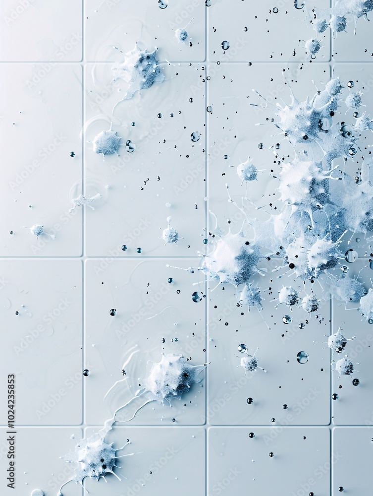 Poster close-up of bathroom tiles with visible microbial colonies, highlighting the microscopic detail of b