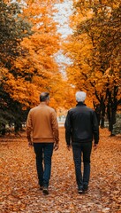 Two men walking in a vibrant autumn park surrounded by colorful orange leaves.