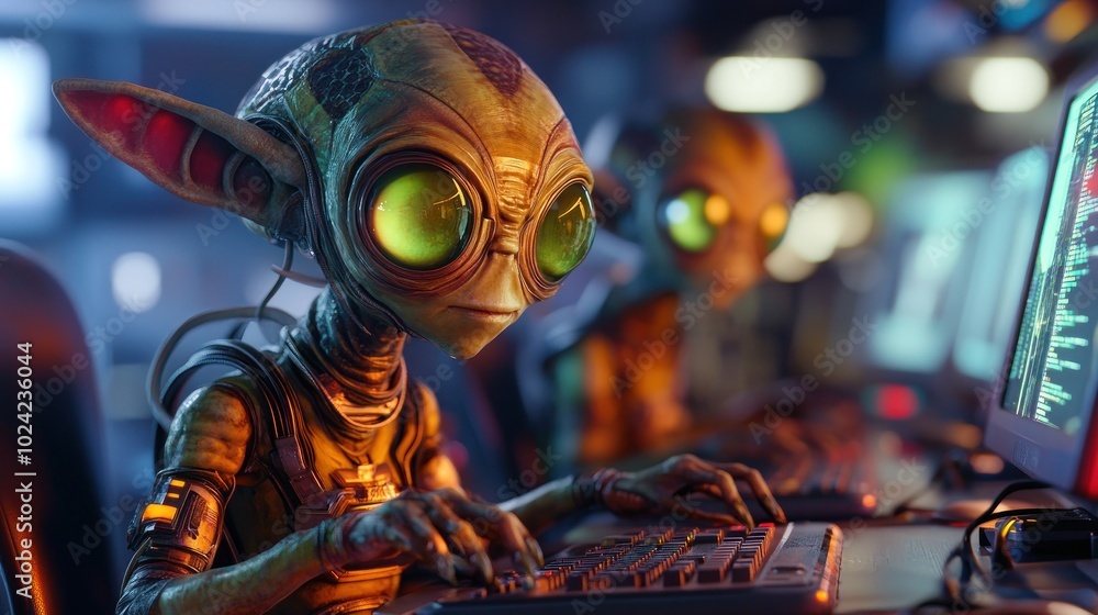Poster two alien characters working on computers in a futuristic setting.