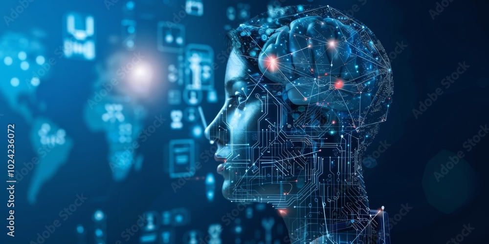 Poster a digital illustration of a human profile with a futuristic ai brain interface, symbolizing advanced