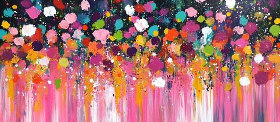 Abstract painting with colorful splatter and streaks on a dark pink background.
