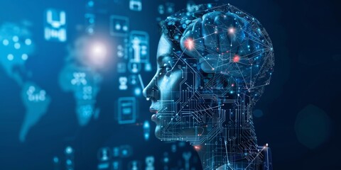 Fototapeta premium A digital illustration of a human profile with a futuristic AI brain interface, symbolizing advanced technology and artificial intelligence.