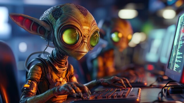 Two alien characters working on computers in a futuristic setting.