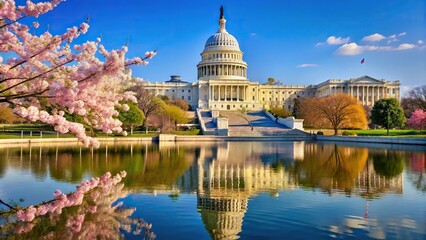 Obraz premium US Capitol Building reflected in water with blue sky and flowering tree