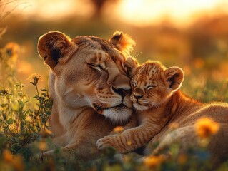 A lioness and her cub cuddle in a field of wildflowers at sunset.