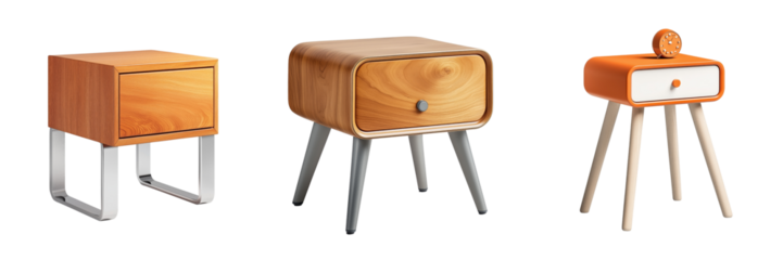 A modern bedside table with a smooth wood finish and sleek metal legs, perfect for adding a contemporary touch, isolated on a transparent background 