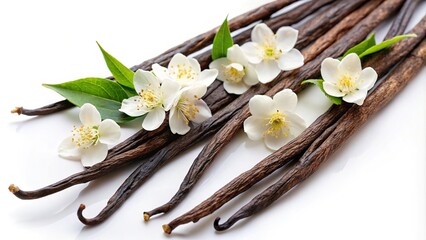 Vanilla sticks and flowers arranged in herringbone pattern on white background