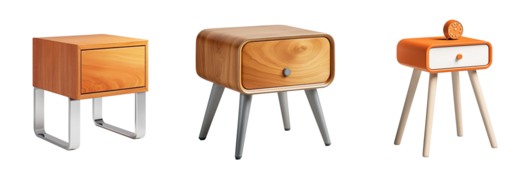 A modern bedside table with a smooth wood finish and sleek metal legs, perfect for adding a contemporary touch, isolated on a transparent background 