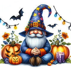 Watercolor Clipart of a gnome in a colorful wizards hat meditates peacefully amidst Halloween decorations, isolated on a white background