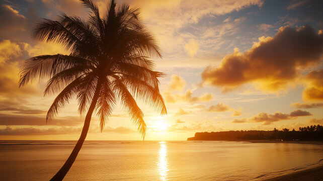 A tall palm tree gently swaying in the ocean breeze, golden sunset casting warm hues over the beach in Guam, US Territory. Ai generated