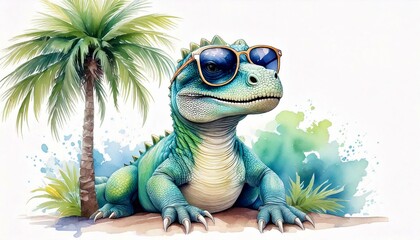 Illustration of a cool blue lizard relaxing under a palm tree, wearing sunglasses, evoking a fun tropical vacation vibe.