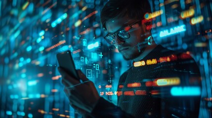 Businessman using smartphone for online banking, holding credit card for fintech and blockchain transactions