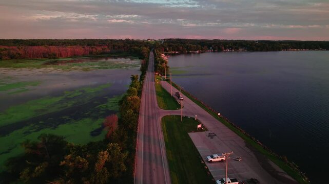 Drone view over the road in the Green Lake Inlet boat launch site in Ripon, Wisconsin, USA.