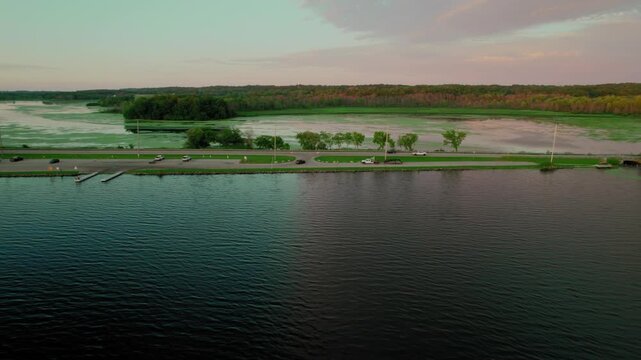 Drone view of the Green Lake Inlet boat launch site in Ripon, Wisconsin, USA. Leighton Reservoir.