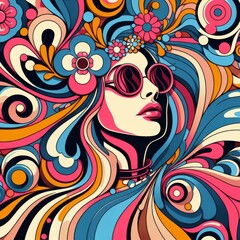 Abstract woman retro cool digital artwork. Contemporary pop art design, 70s style vivid flower child surreal pop art. Seamless pattern psychedelic hypnotic cartoon hippie trippy landscape
