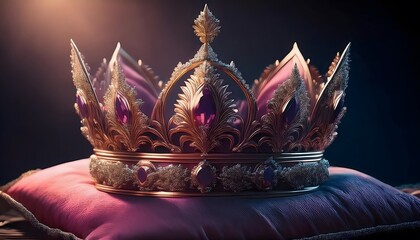 A gold crown studded with intricate gems rests on a velvet pillow.