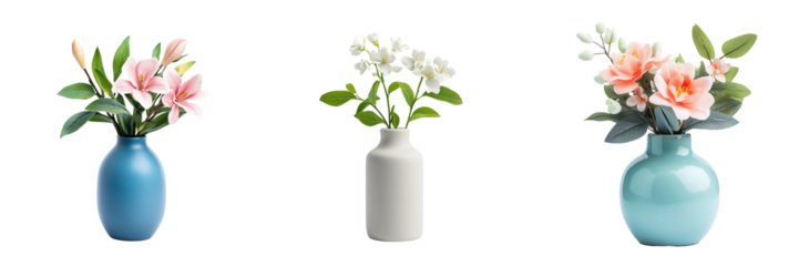 A tiny ceramic vase with fresh flowers, adding a touch of nature to the room, isolated on a transparent background 