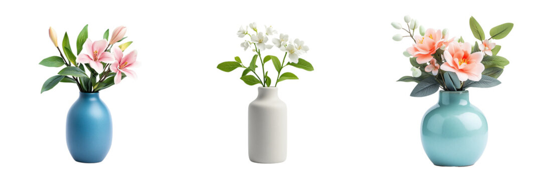 A tiny ceramic vase with fresh flowers, adding a touch of nature to the room, isolated on a transparent background 