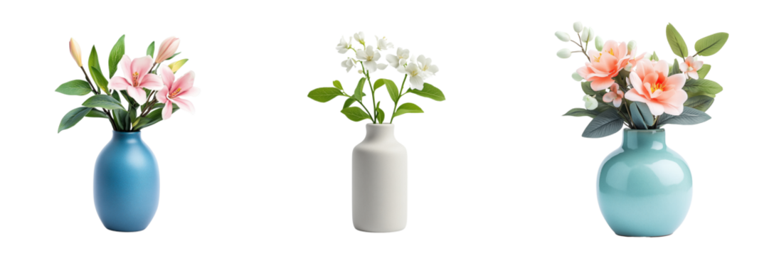 A tiny ceramic vase with fresh flowers, adding a touch of nature to the room, isolated on a transparent background 