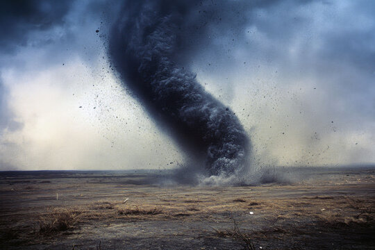 A massive tornado touches down on a flat landscape under an ominous stormy sky