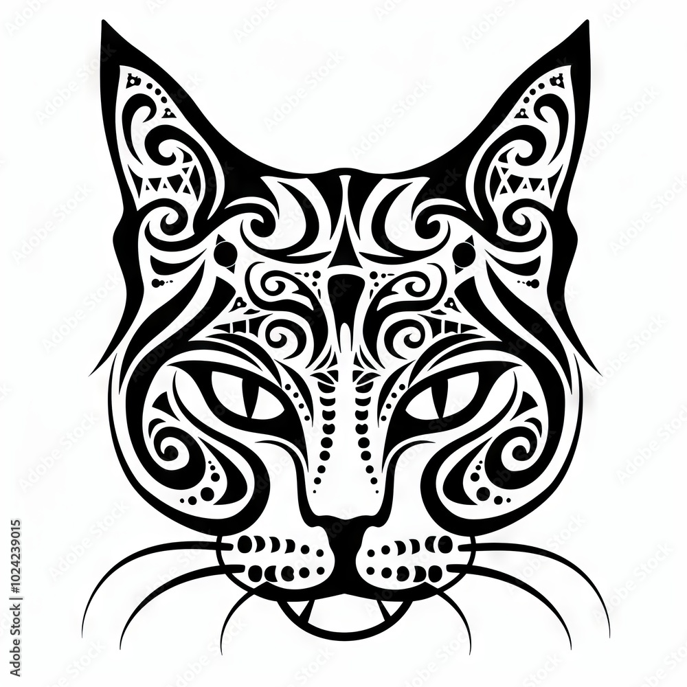 Sticker Cat head in a simple line drawing with tribal ornaments.