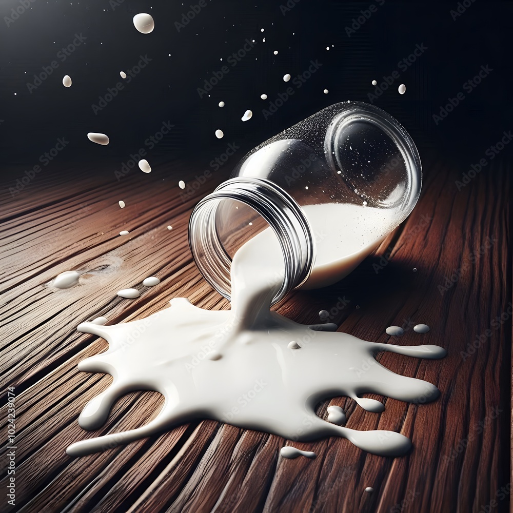 Aufkleber milk splashed from a bottle on a wooden background. 3d rendering generated by ai
