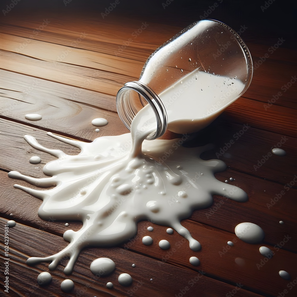 Poster milk splashed from a bottle on a wooden background. 3d rendering generated by ai