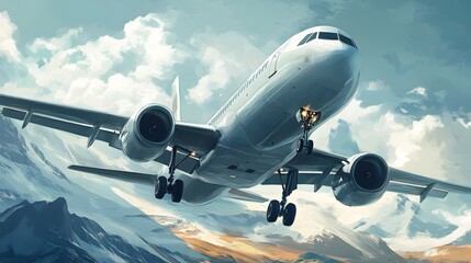 Naklejka premium Airplane Flying Over Mountains and Clouds