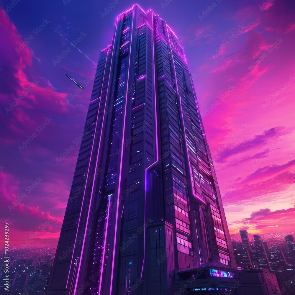 Poster clean and elegant design of a futuristic skyscraper with a unique synthwave theme.
