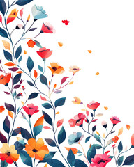 A lively floral border with vibrant blossoms and leaves for decor, greeting cards, invitations, and art projects. It has a whimsical and bright design, perfect for adding color and cheer