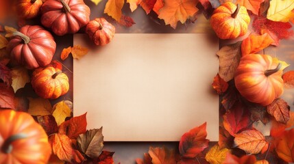 Autumnal Pumpkins and Leaves Surrounding a Blank Paper