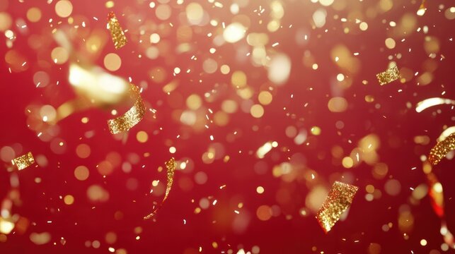 a festive celebratory red background with gold confetti and streamers creating a sparkling atmosphere of joy smooth golden animation festive laxury futage