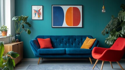Modern living room with a vibrant blue sofa and red chair against a teal wall, featuring a simple poster frame, showcasing Scandinavian design.