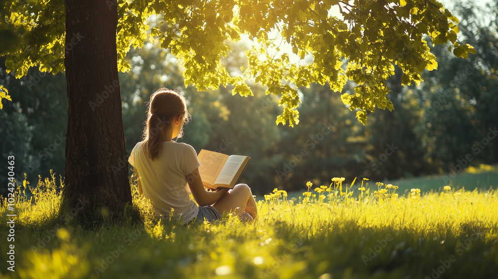 Poster a woman sitting under a tree in a quiet meadow, reading a paperback book in the gentle shade on a su