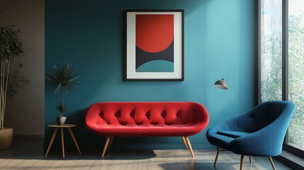 Vibrant blue and red seating near a teal wall with a framed poster in a Scandinavian-style living room, showcasing modern simplicity.