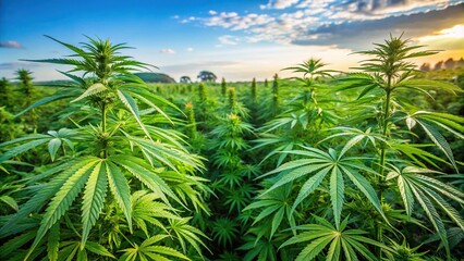Vibrant illustration of various cannabis plants from a wide angle perspective