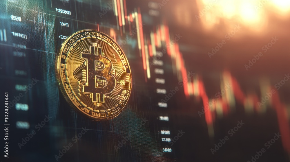 Aufkleber a digital representation of bitcoin with fluctuating market graphs in the background.