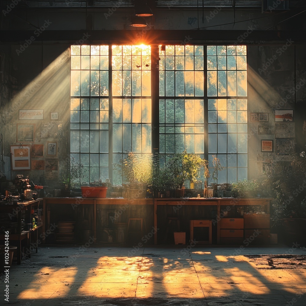 Poster sunlight streams through large windows in a rustic industrial loft space, illuminating a dusty workb