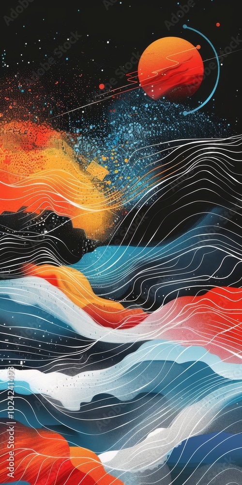 Poster a painting of a colorful ocean with a large red planet in the background