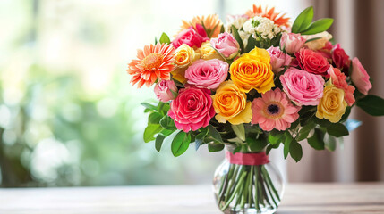 Bouquet of beautiful flowers in vase on table with bokeh background. Vibrant Floral Bouquet in Glass Vase on Sunny Day. Perfect for spring, celebrations, or expressing joy and beauty.