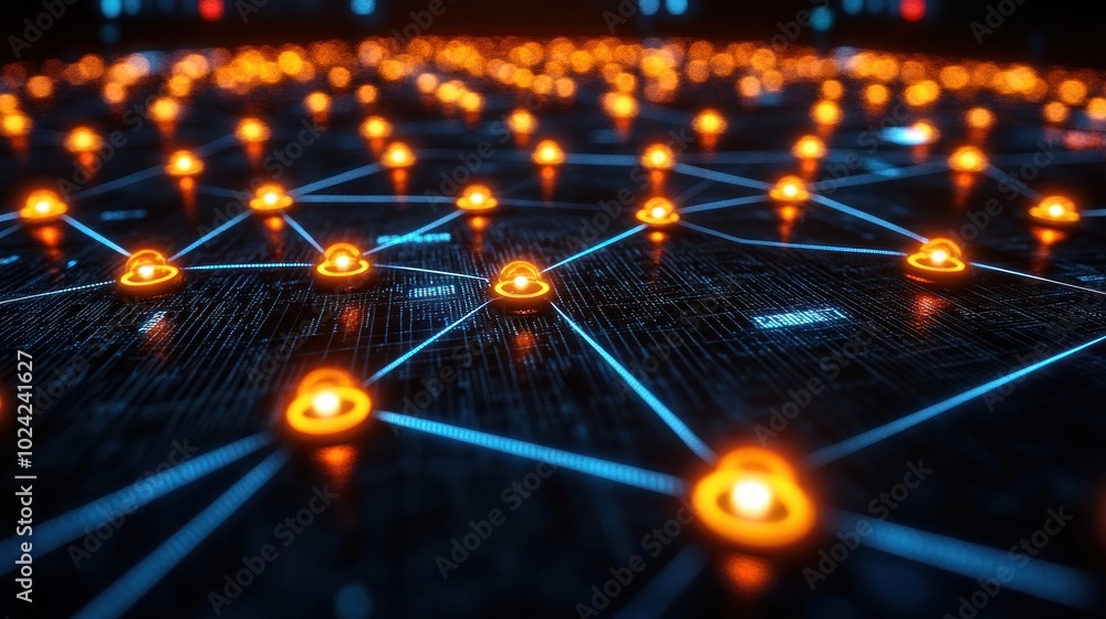 Aufkleber abstract glowing network of interconnected nodes on a dark digital background.