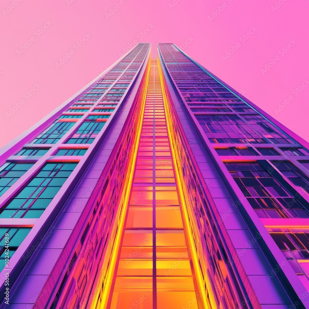 Poster creative portrayal of a synthwave skyscraper, featuring vibrant colors and conceptual design pattern