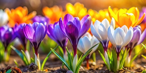 Vibrant multicolored crocuses in extreme close-up