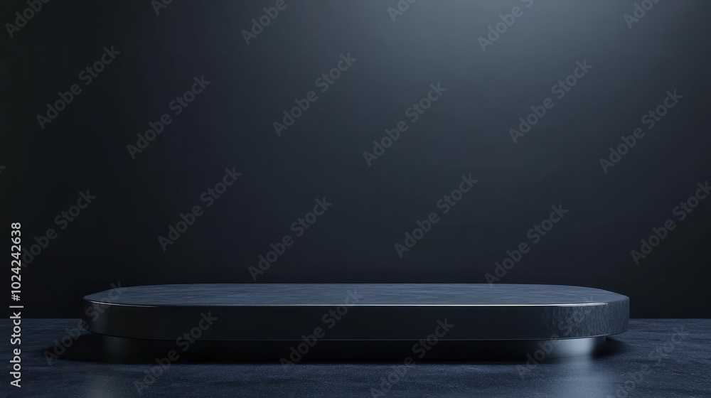 Poster black podium or pedestal display on dark background with long platform. blank product shelf standing