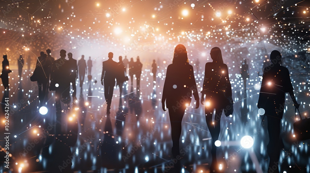 Poster globalization and technology concept: people connected by a network of illuminated lights representi